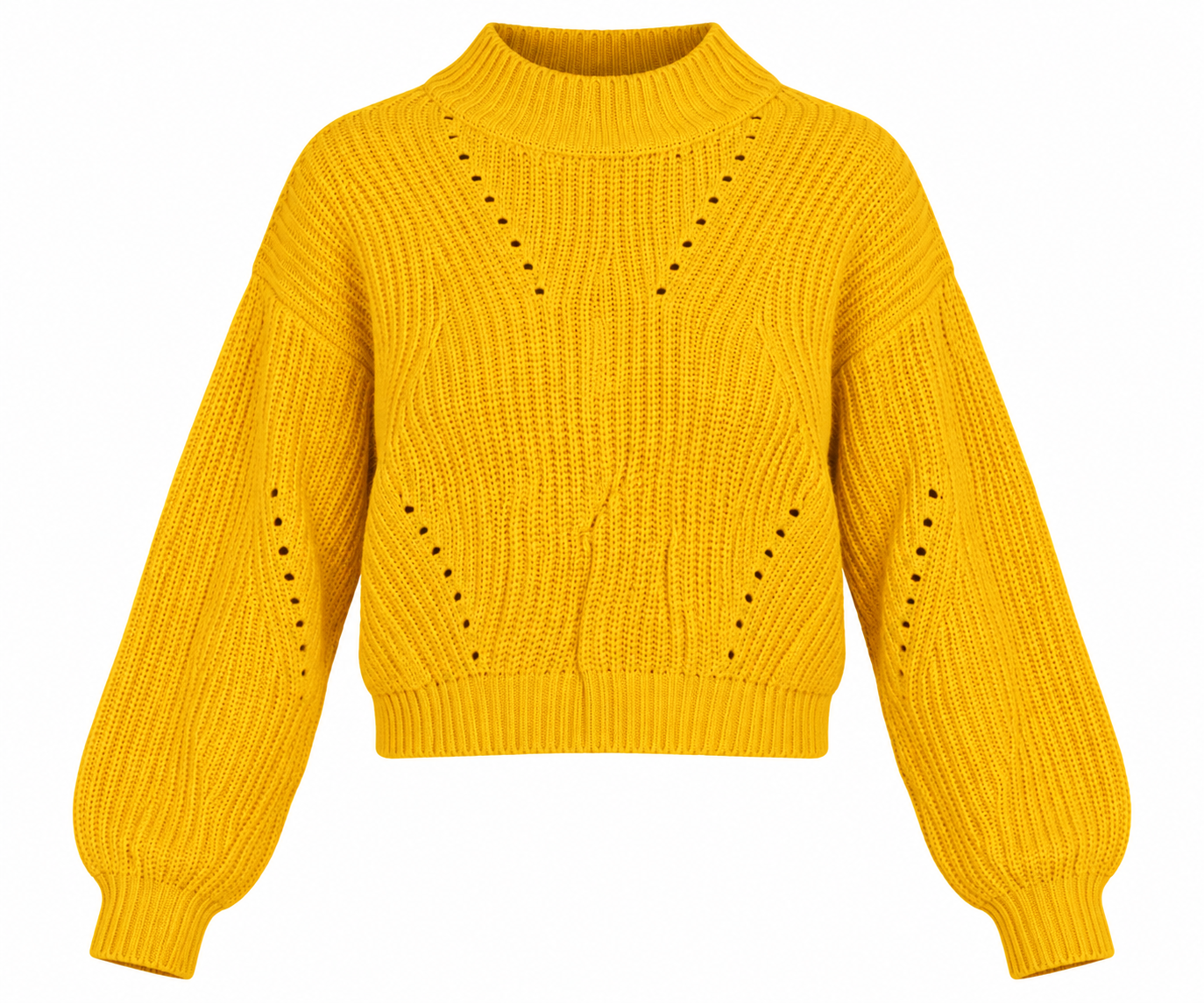  Candy Women’s Mustard Yellow Chunky Knit Jumper in UK Size 13, featuring a cropped fit, balloon sleeves, ribbed high neck and textured design.