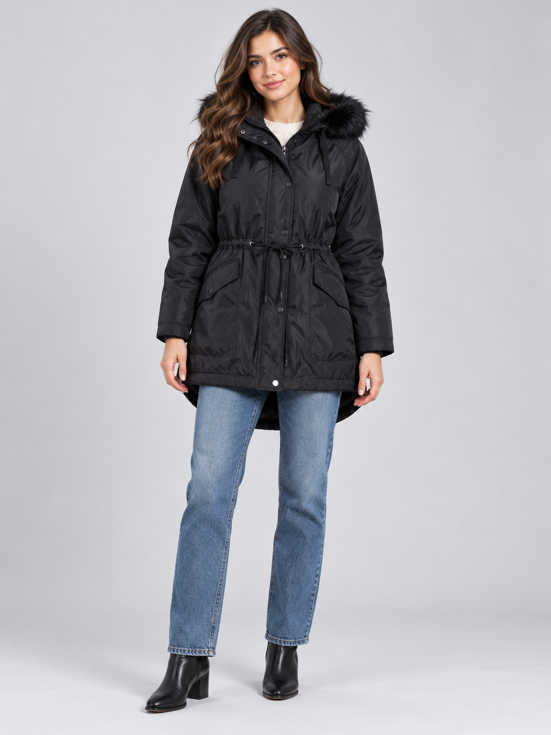CAPSULE OUTER WEAR women’s black parka coat in UK XXL, featuring a fur-trimmed hood, adjustable drawstring waist and practical flap pockets.