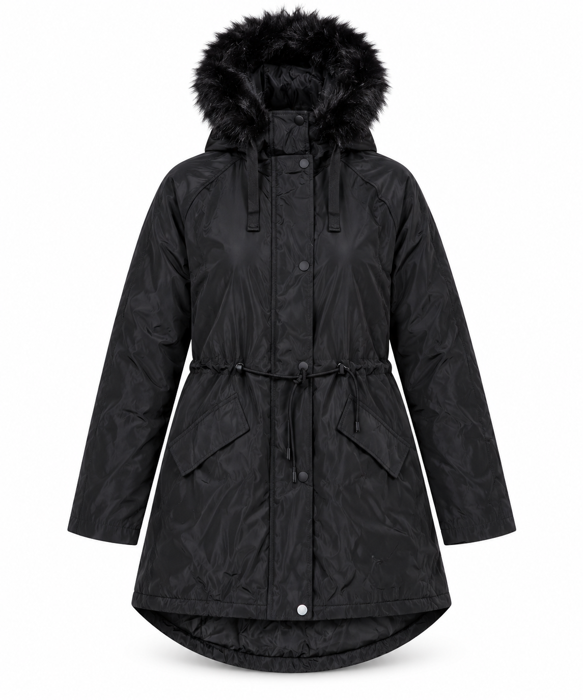 CAPSULE OUTER WEAR women’s black parka coat in UK XXL, featuring a fur-trimmed hood, adjustable drawstring waist and practical flap pockets.