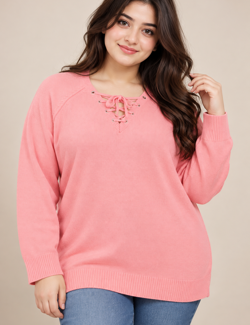 CAPSULE women’s pink lace-up knit jumper in UK Size XL. A stylish long-sleeve knit with ribbed trims and a comfortable relaxed fit.