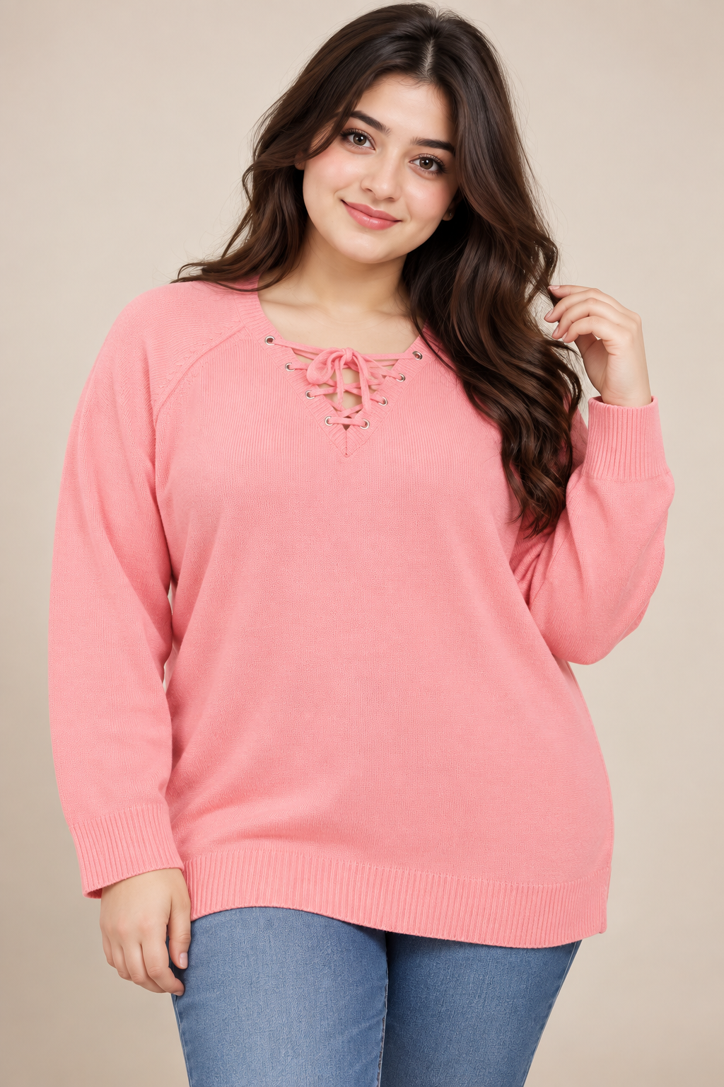 CAPSULE women’s pink lace-up knit jumper in UK Size XL. A stylish long-sleeve knit with ribbed trims and a comfortable relaxed fit.