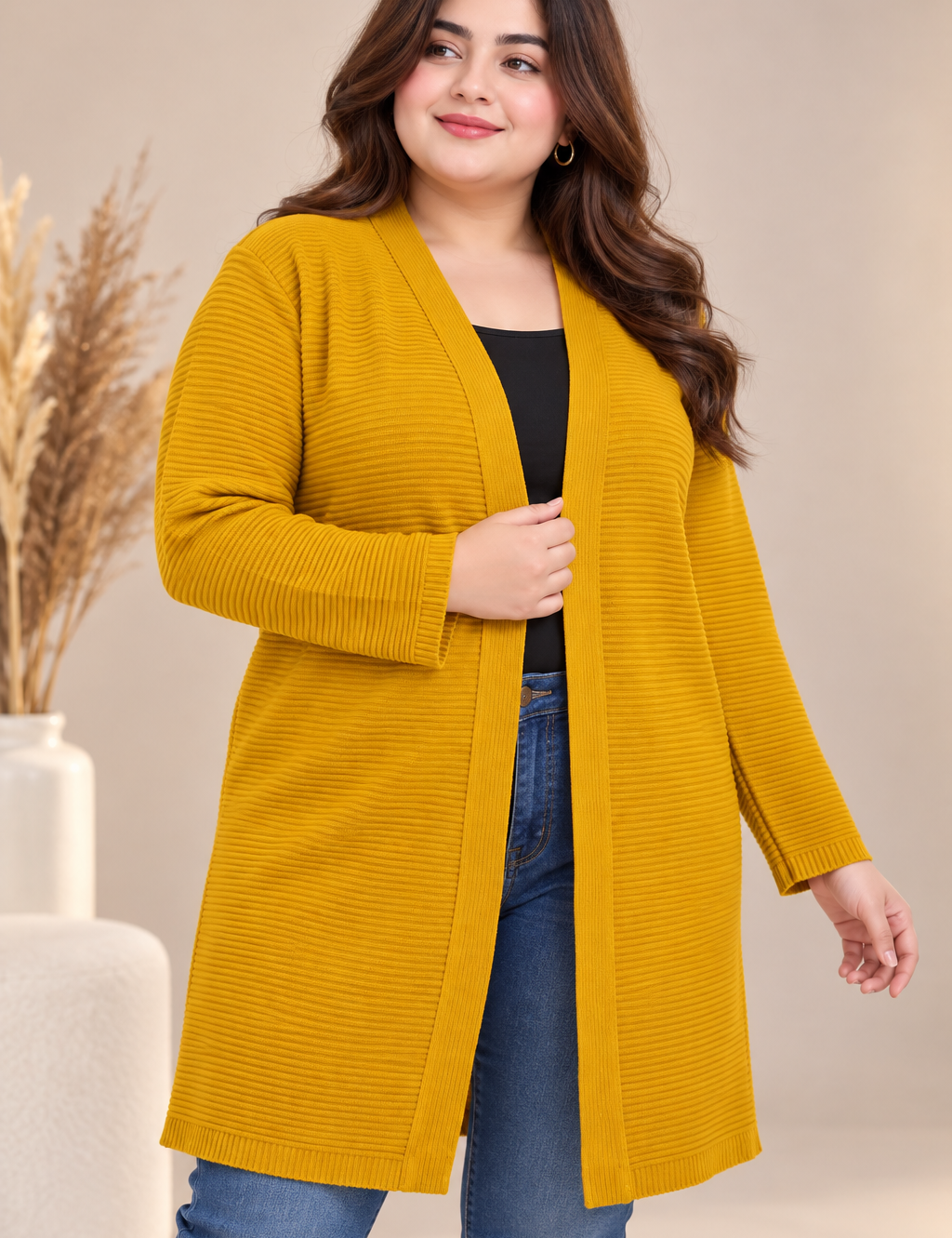 CARE Women’s Mustard Yellow Longline Ribbed Cardigan in UK Size XXL. Stylish open-front design with a comfortable relaxed fit, perfect for layering.