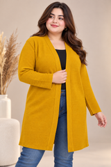 CARE Women Mustard Yellow Longline Ribbed Open-Front Cardigan