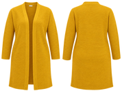 CARE Women’s Mustard Yellow Longline Ribbed Cardigan in UK Size XXL. Stylish open-front design with a comfortable relaxed fit, perfect for layering.