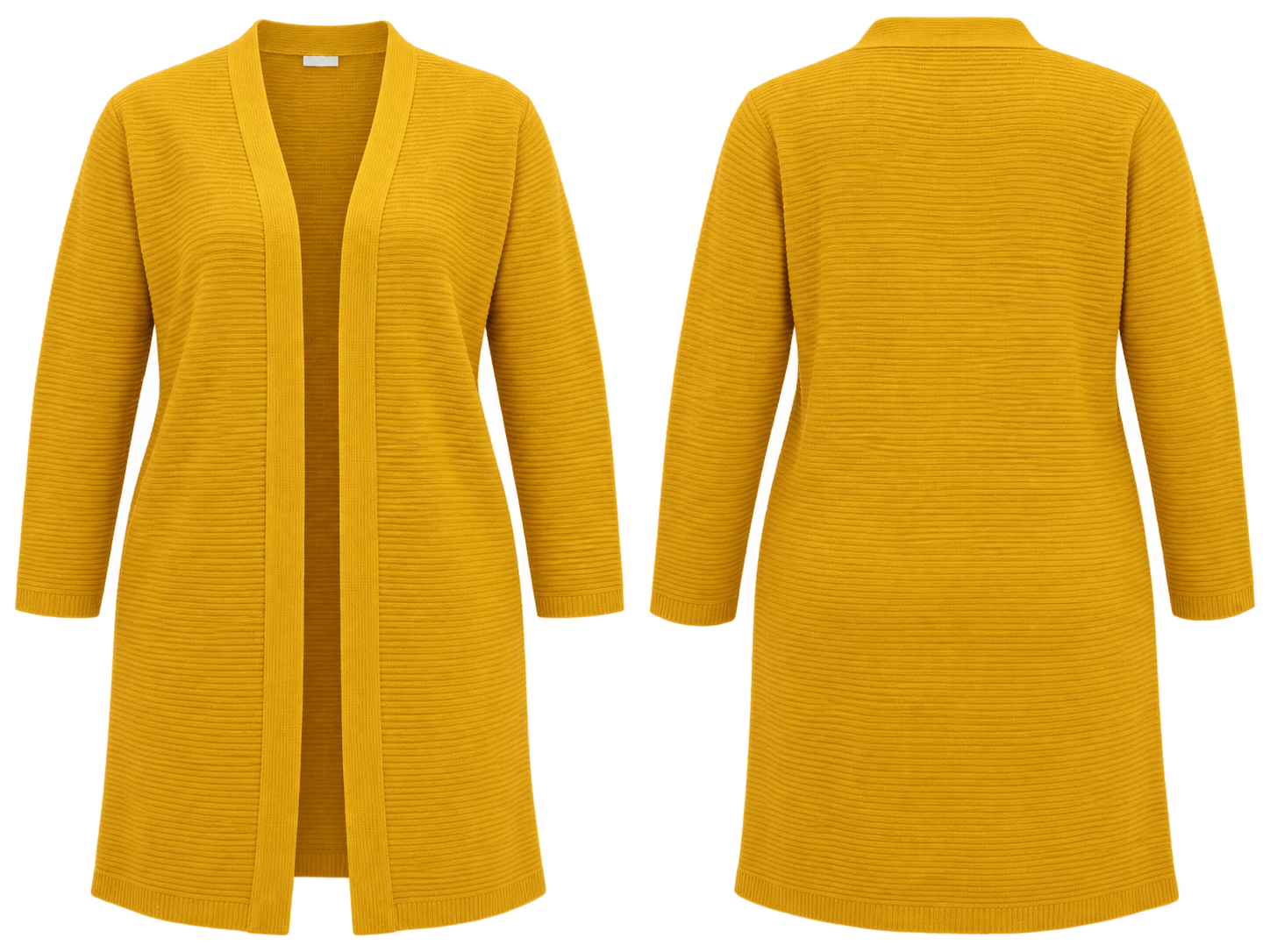CARE Women’s Mustard Yellow Longline Ribbed Cardigan in UK Size XXL. Stylish open-front design with a comfortable relaxed fit, perfect for layering.