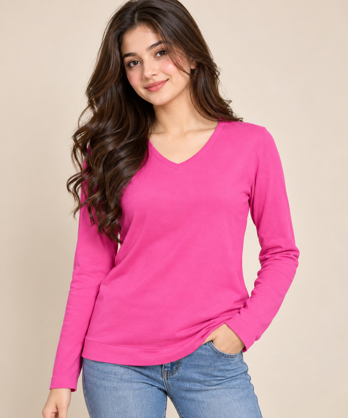 CAROLE HOCHMAN women’s pink V-neck long sleeve top in UK Size S. Comfortable, stylish UK imported fashion for casual and everyday wear.