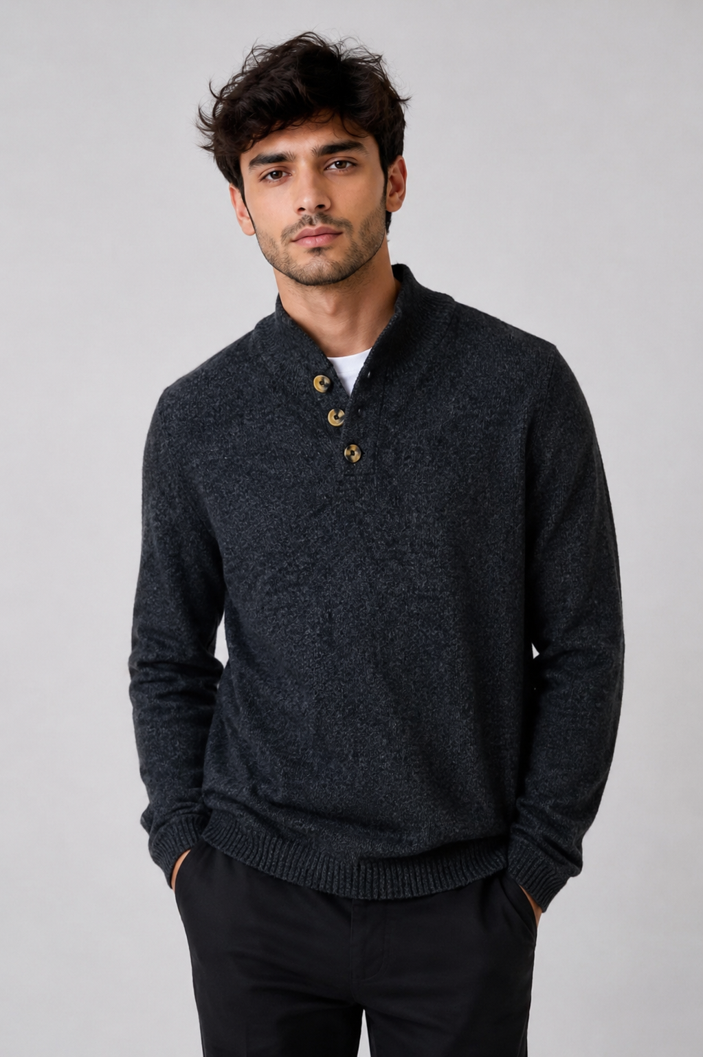   CARSON Men's Charcoal Knit Sweater in UK Size XL. Stylish textured knit, button collar, long sleeves and ribbed trims, perfect for casual and smart-casual outfits.