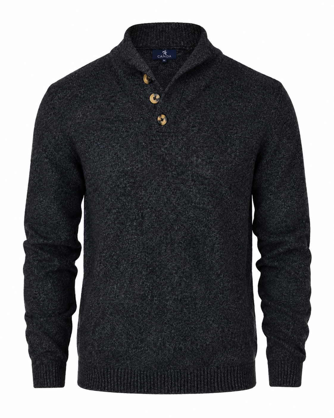   CARSON Men's Charcoal Knit Sweater in UK Size XL. Stylish textured knit, button collar, long sleeves and ribbed trims, perfect for casual and smart-casual outfits.