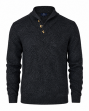   CARSON Men's Charcoal Knit Sweater in UK Size XL. Stylish textured knit, button collar, long sleeves and ribbed trims, perfect for casual and smart-casual outfits.
