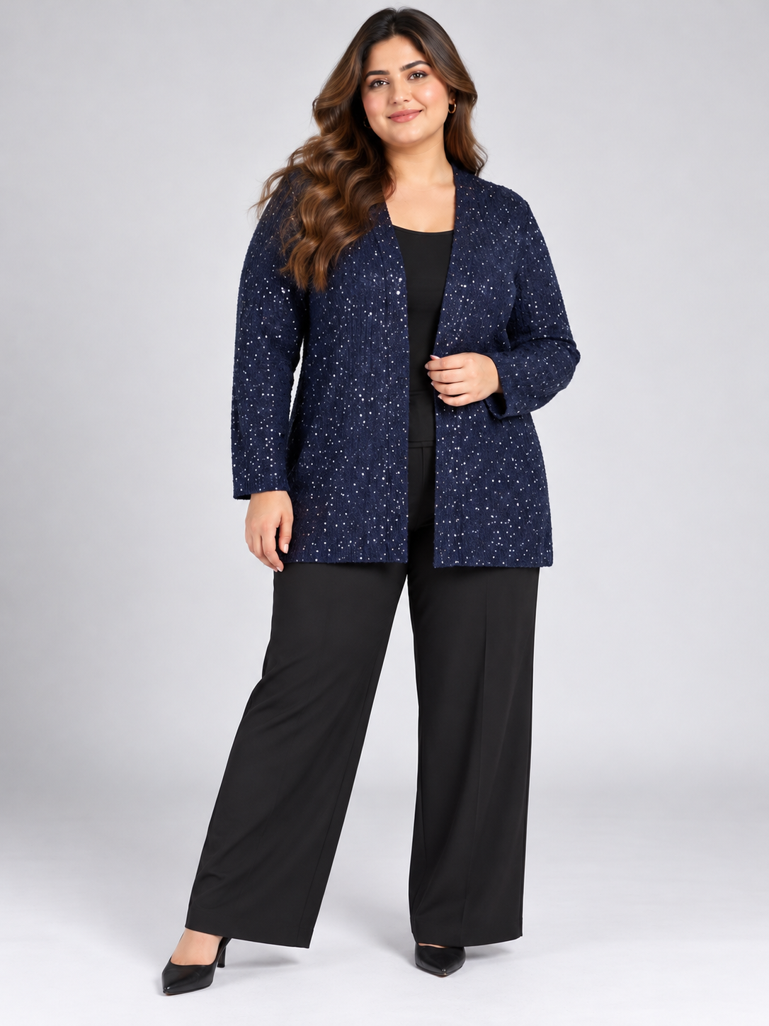 CASUAL COLLECTION Women's Navy Blue Sparkle Knitted Cardigan in UK Size 4XL. Stylish open-front design, perfect for casual and evening wear.