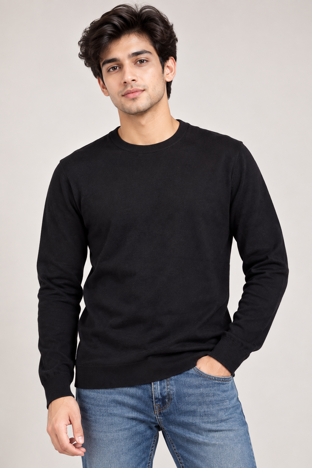 CEDAR WOOD STATE men’s black crew neck jumper in UK Size M. Classic long-sleeve sweater with ribbed cuffs and hem, ideal for everyday wear.
