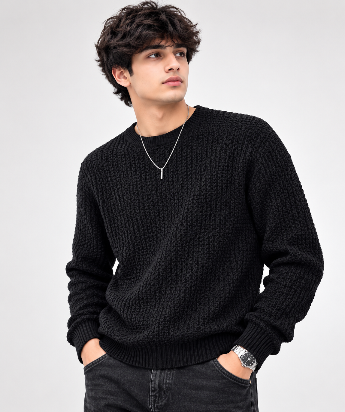  Cedarwood State boys’ black textured knit crew neck sweater in UK Size S. Stylish long-sleeve jumper with ribbed cuffs and hem, ideal for casual everyday wear.
