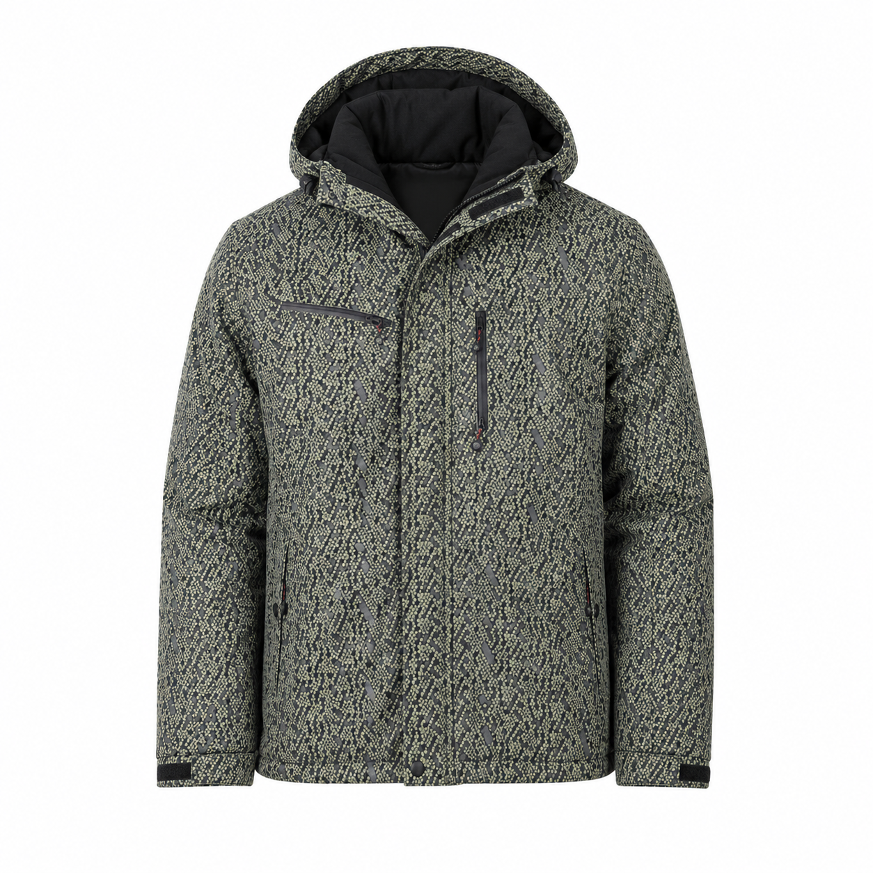 Cedarwood State men’s hooded winter jacket in green patterned design, UK size L. Padded, warm and practical with multiple secure pockets.