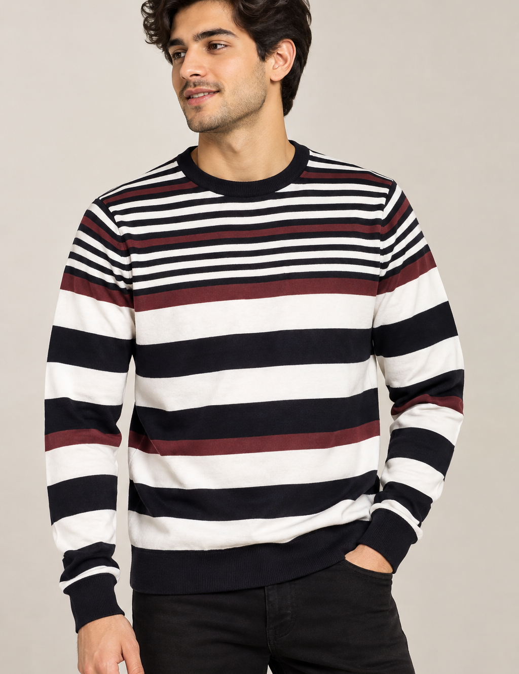  Cedarwood State men’s striped crew neck jumper in UK Size M. Stylish black, white and burgundy design. Original UK customer return clothing.