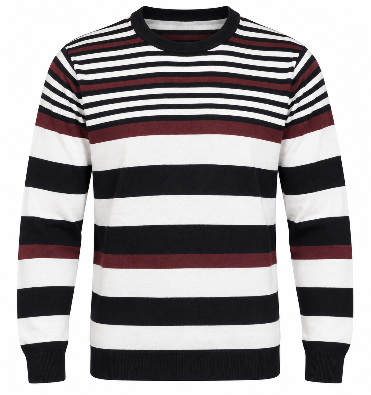  Cedarwood State men’s striped crew neck jumper in UK Size M. Stylish black, white and burgundy design. Original UK customer return clothing.