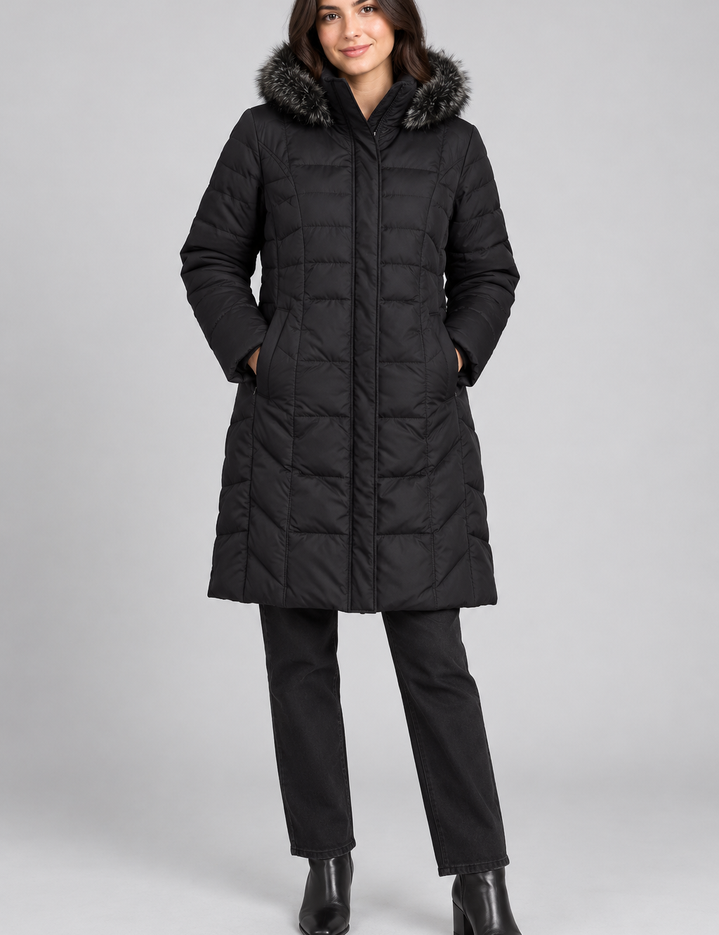   Centigrade women’s black long puffer coat in UK 2XL. Quilted, warm, and finished with a faux-fur hood—perfect for winter.