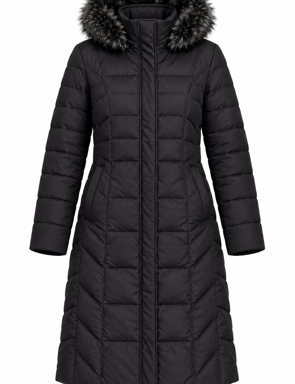   Centigrade women’s black long puffer coat in UK 2XL. Quilted, warm, and finished with a faux-fur hood—perfect for winter.
