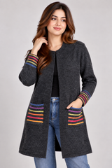 CERULEAN Women Charcoal Grey Rainbow Stripe Long Cardigan