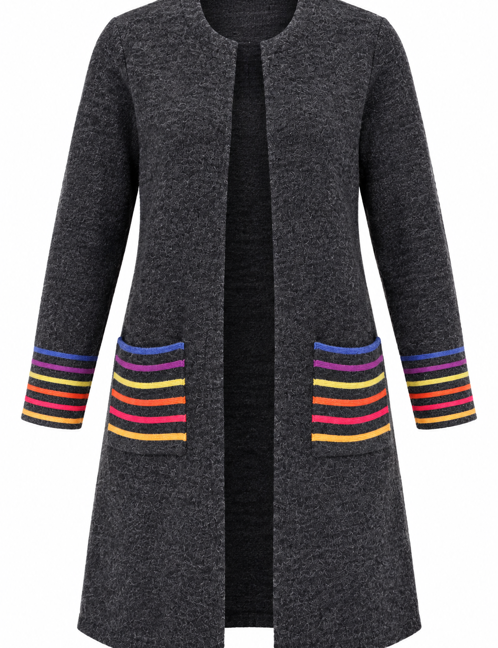 this CERULEAN women’s charcoal grey long cardigan in UK Size XL, featuring colourful rainbow stripe cuffs and pockets. A cosy and stylish layering piece for everyday wear.