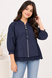  Cha Cha girls navy lace trim jacket in UK size 13-14 years. Stylish zip front, mesh panels and feminine lace detailing. Premium UK fashion.
