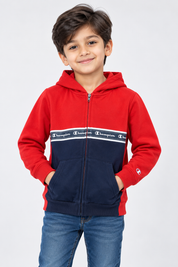  Champion Boys Red & Navy Zip-Up Hoodie in UK Size 7-8 Years. Stylish branded kids hoodie with full zip, hood and front pockets for everyday wear.