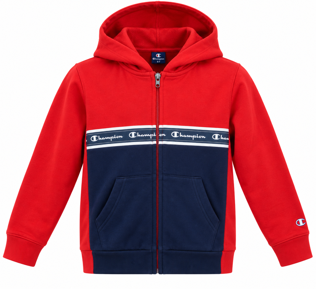  Champion Boys Red & Navy Zip-Up Hoodie in UK Size 7-8 Years. Stylish branded kids hoodie with full zip, hood and front pockets for everyday wear.