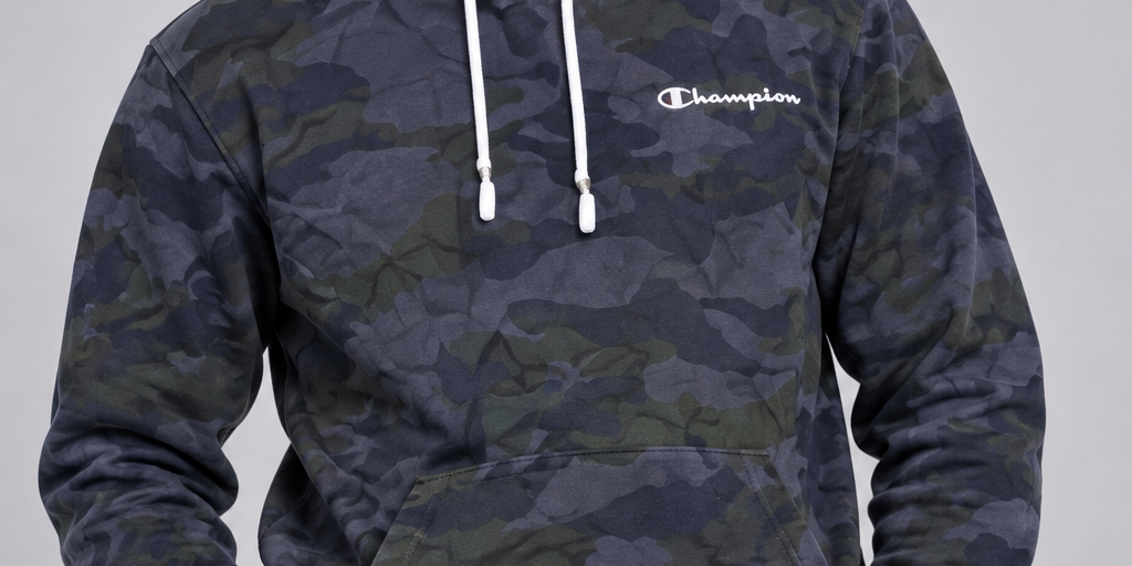  Champion men’s camouflage pullover hoodie in UK Size L. Features a hood, kangaroo pocket and signature Champion branding. Stylish everyday wear.