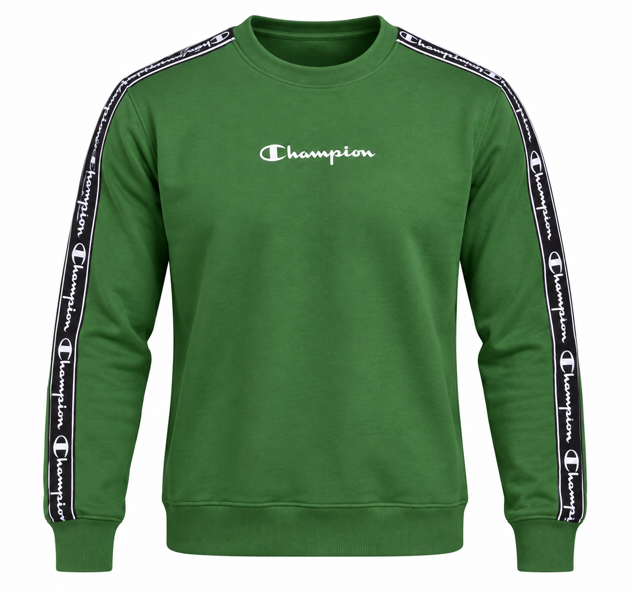  CHAMPION men’s green crewneck sweatshirt in UK Size XL, featuring signature logo detailing and branded sleeve stripes. Stylish everyday casual wear.