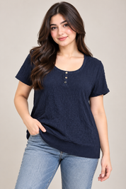 CHAPS Women's Navy Blue Textured Short Sleeve Knit Top in UK Size M. Featuring a round neck, 3-button detail and comfortable casual fit.