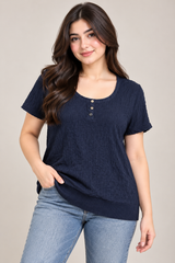 CHAPS Women Navy Blue Textured Short Sleeve Knit Top