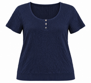 CHAPS Women's Navy Blue Textured Short Sleeve Knit Top in UK Size M. Featuring a round neck, 3-button detail and comfortable casual fit.