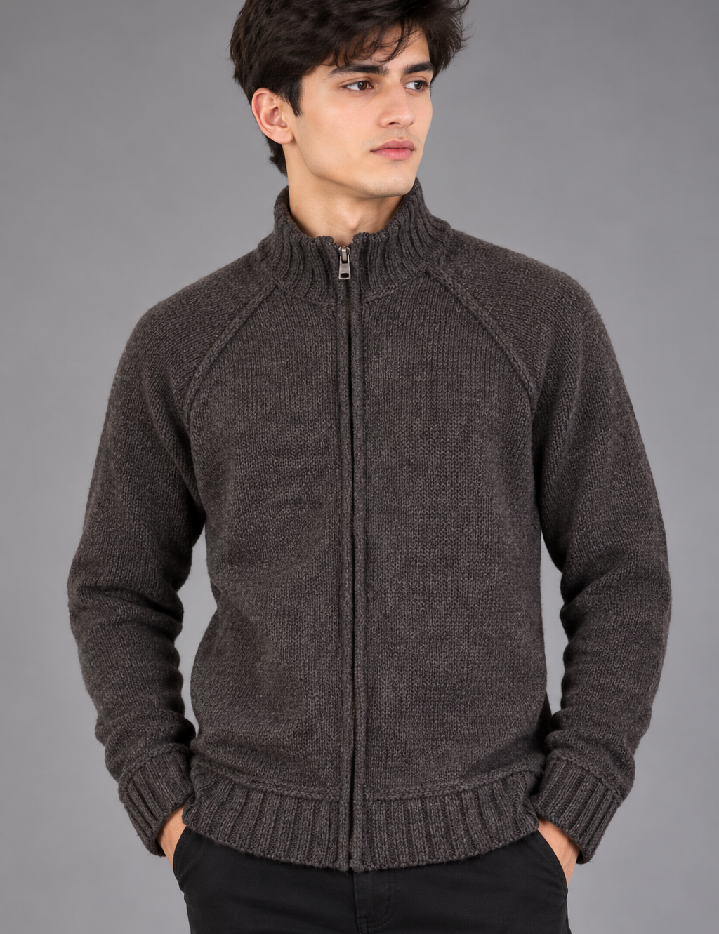 CHEROKEE Men's Charcoal Grey Knitted Zip-Up Cardigan in UK Size M. Classic ribbed collar, cuffs and hem with a versatile everyday design.