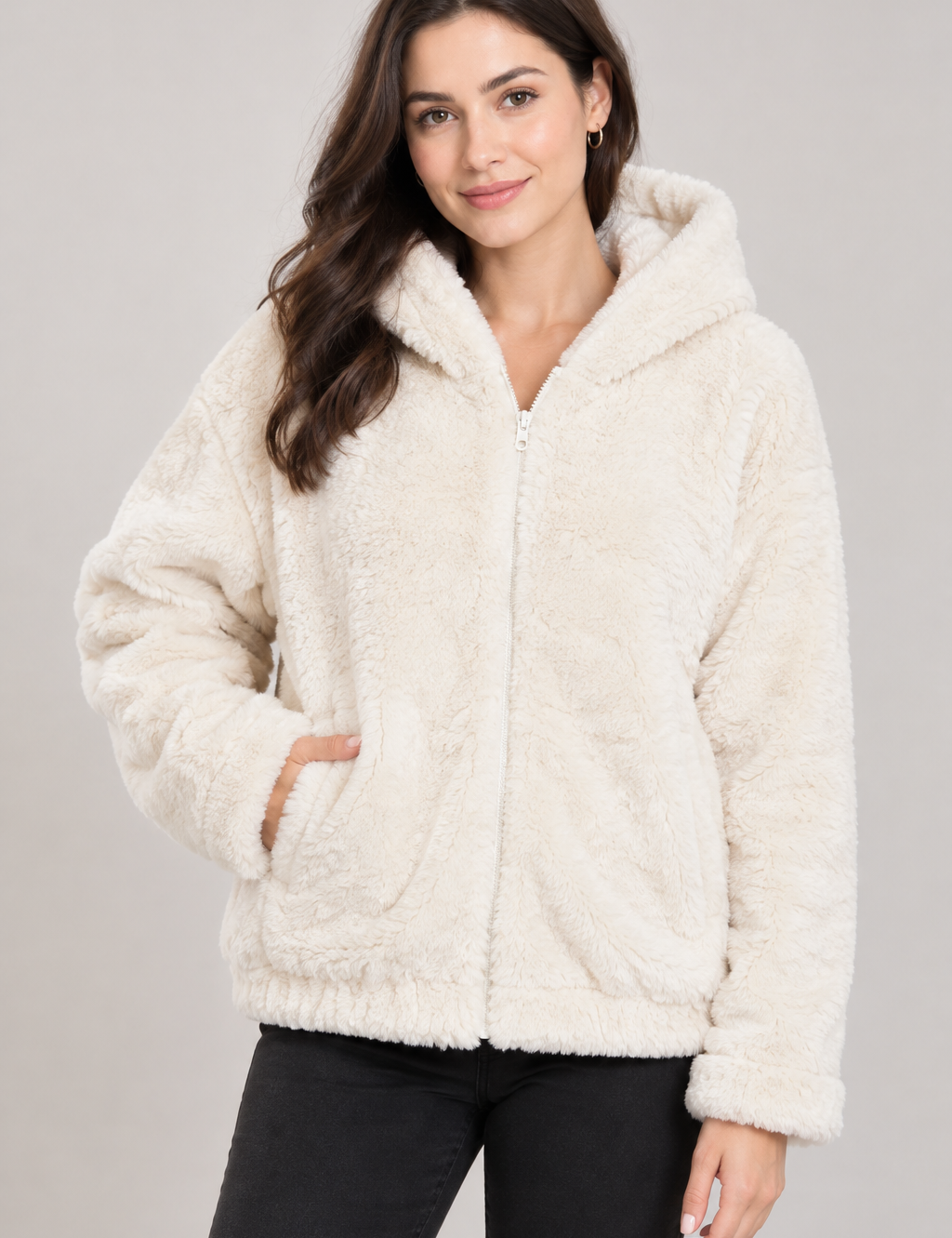   ChicMe Women's Ivory Faux Fur Hooded Jacket in UK Size S. Soft teddy fleece, cozy hood, zip closure and practical pockets make it perfect for stylish winter outfits.