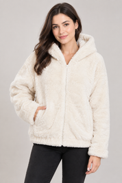   ChicMe Women's Ivory Faux Fur Hooded Jacket in UK Size S. Soft teddy fleece, cozy hood, zip closure and practical pockets make it perfect for stylish winter outfits.