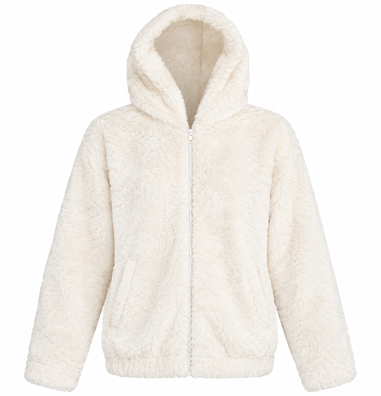   ChicMe Women's Ivory Faux Fur Hooded Jacket in UK Size S. Soft teddy fleece, cozy hood, zip closure and practical pockets make it perfect for stylish winter outfits.