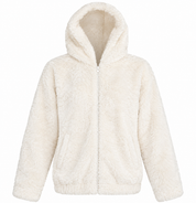   ChicMe Women's Ivory Faux Fur Hooded Jacket in UK Size S. Soft teddy fleece, cozy hood, zip closure and practical pockets make it perfect for stylish winter outfits.