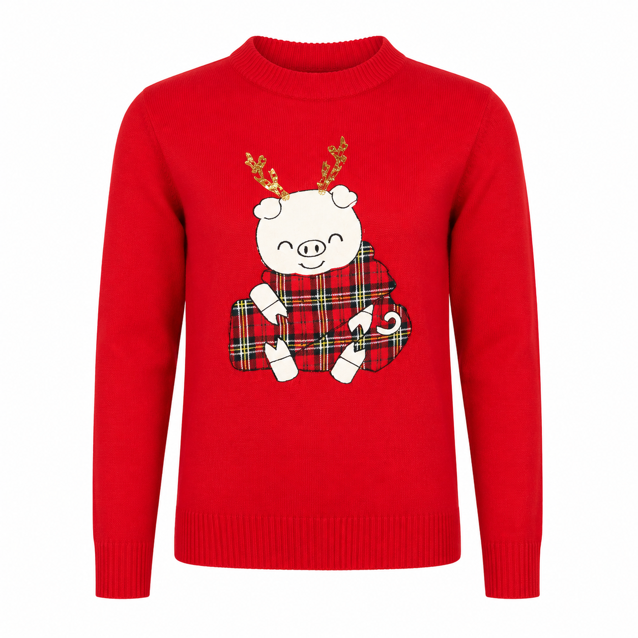   Christmas Red Girls Festive Pig Knit Sweater in UK Size S. Cute Christmas graphic, tartan detail and golden antlers make it perfect for winter and festive occasions.
