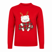   Christmas Red Girls Festive Pig Knit Sweater in UK Size S. Cute Christmas graphic, tartan detail and golden antlers make it perfect for winter and festive occasions.