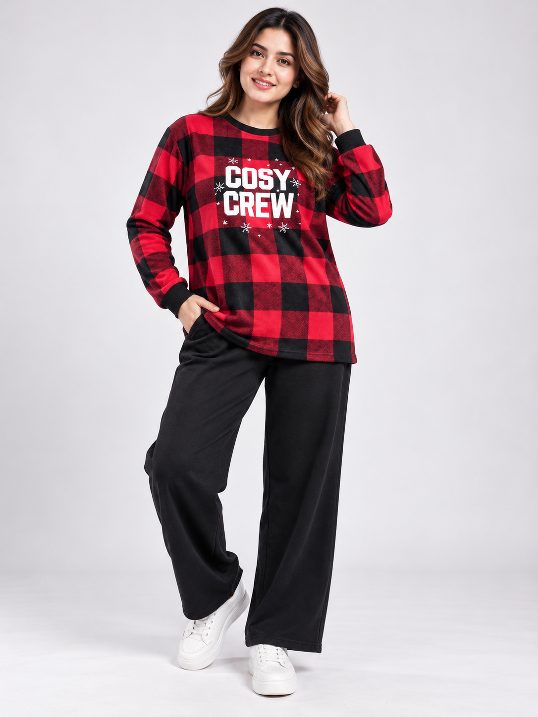 CHRISTMAS Women's Red & Black Check Cosy Crew Sweatshirt in UK 2XL. Festive winter top with snowflake print. Chest 21", length 26".
