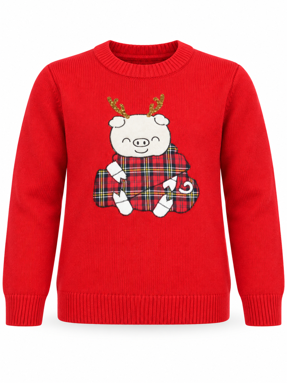 Christmas women’s red festive pig knit jumper in UK XXL, featuring tartan detailing, gold antlers, a crew neck and long sleeves.