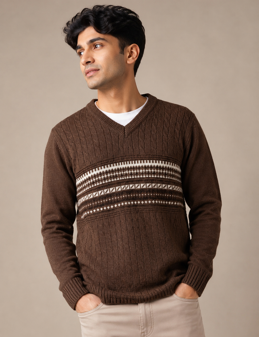   Christopher Knight Brown Cable Knit V-Neck Sweater in UK Size M. Classic Fair Isle pattern, textured knit design and versatile winter styling.