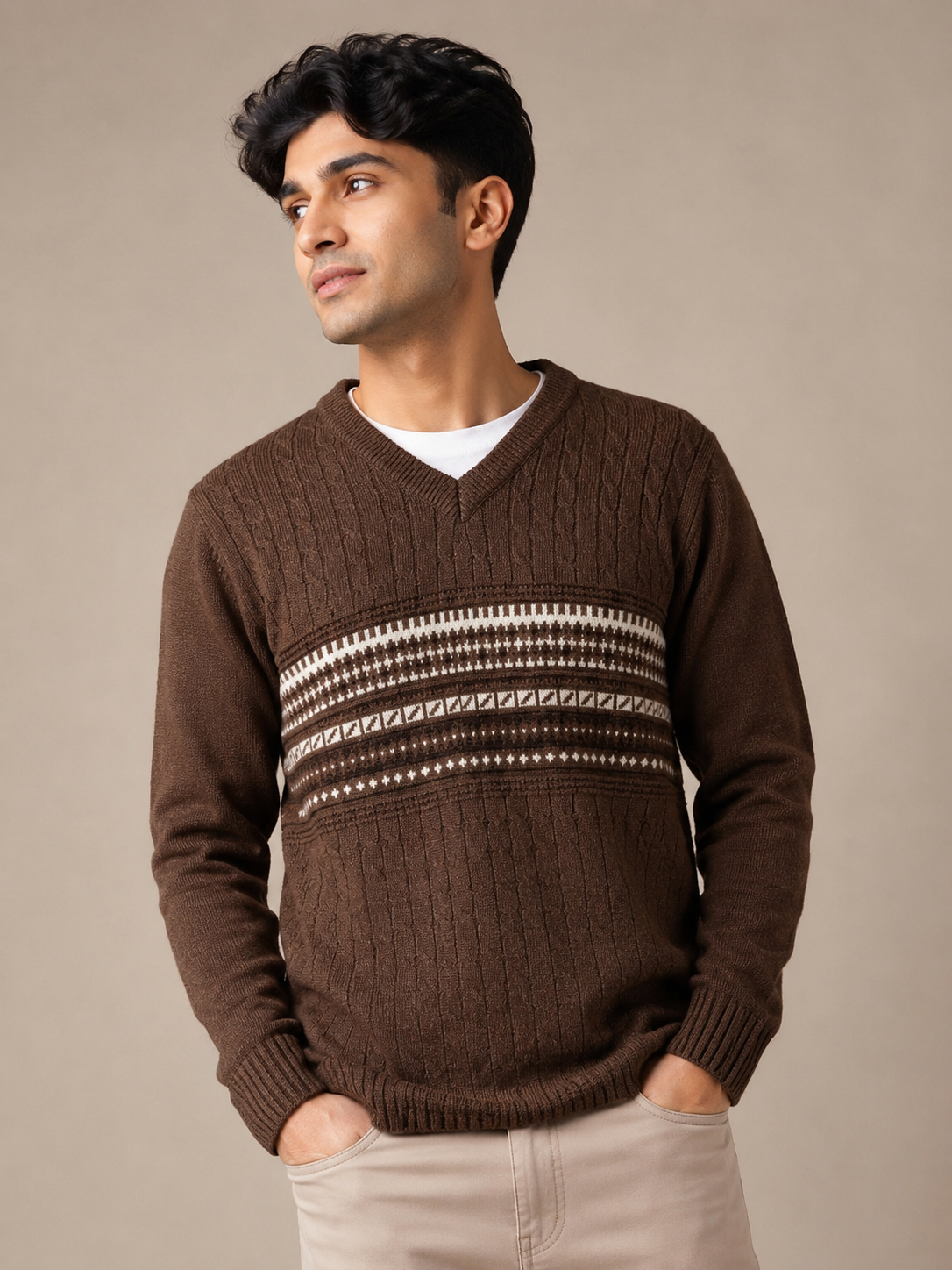   Christopher Knight Brown Cable Knit V-Neck Sweater in UK Size M. Classic Fair Isle pattern, textured knit design and versatile winter styling.