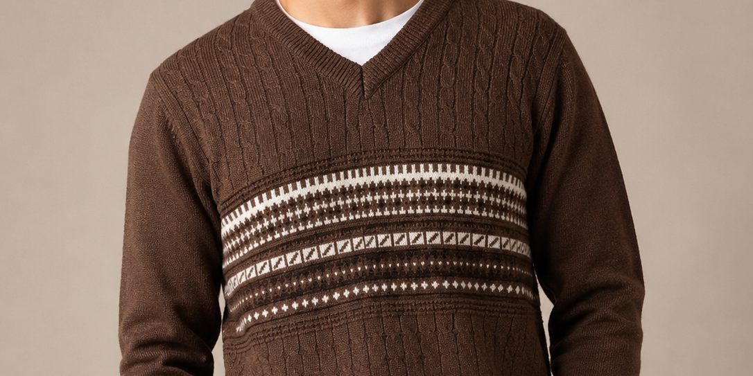   Christopher Knight Brown Cable Knit V-Neck Sweater in UK Size M. Classic Fair Isle pattern, textured knit design and versatile winter styling.