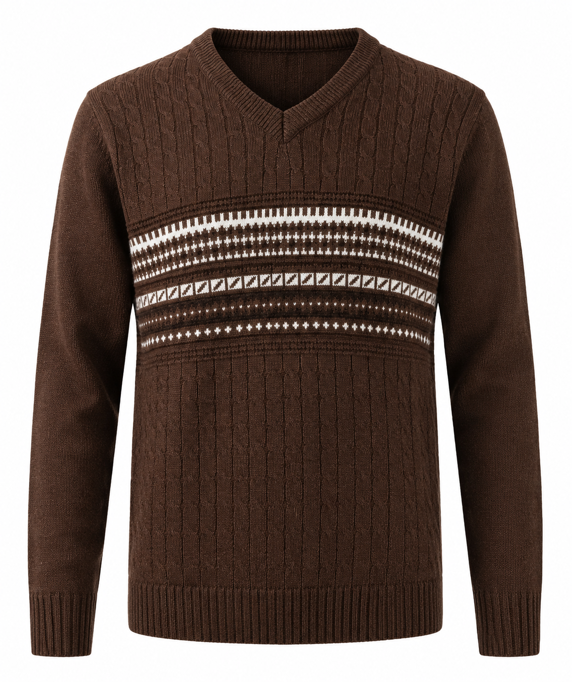   Christopher Knight Brown Cable Knit V-Neck Sweater in UK Size M. Classic Fair Isle pattern, textured knit design and versatile winter styling.