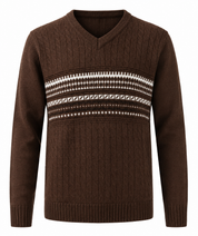   Christopher Knight Brown Cable Knit V-Neck Sweater in UK Size M. Classic Fair Isle pattern, textured knit design and versatile winter styling.