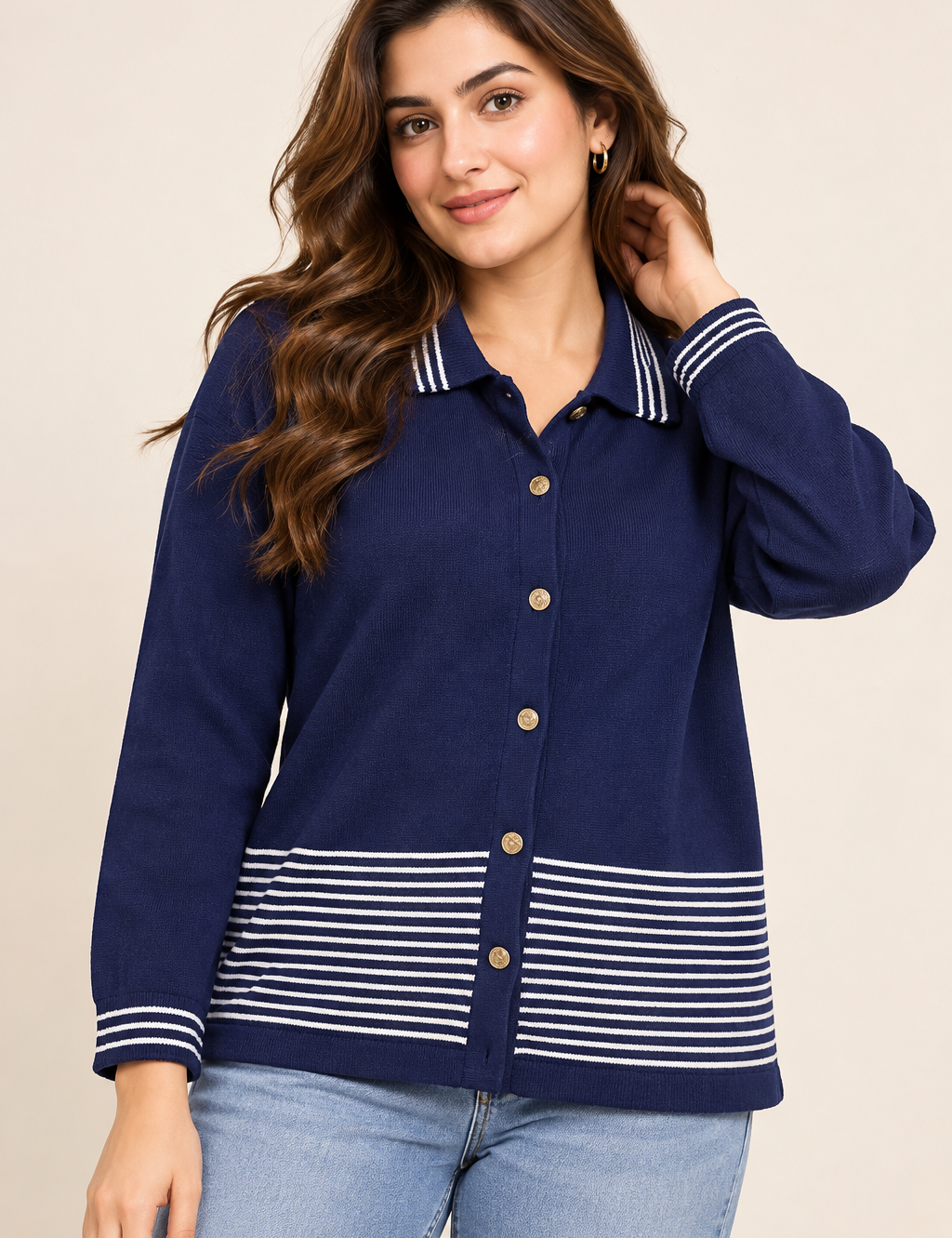 CLAIRE NEUVILLE women’s navy striped knit cardigan in UK Size 2XL, featuring gold-tone buttons, long sleeves and classic white stripe detailing.