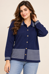 CLAIRE NEUVILLE Women Navy Striped Knit Button Cardigan