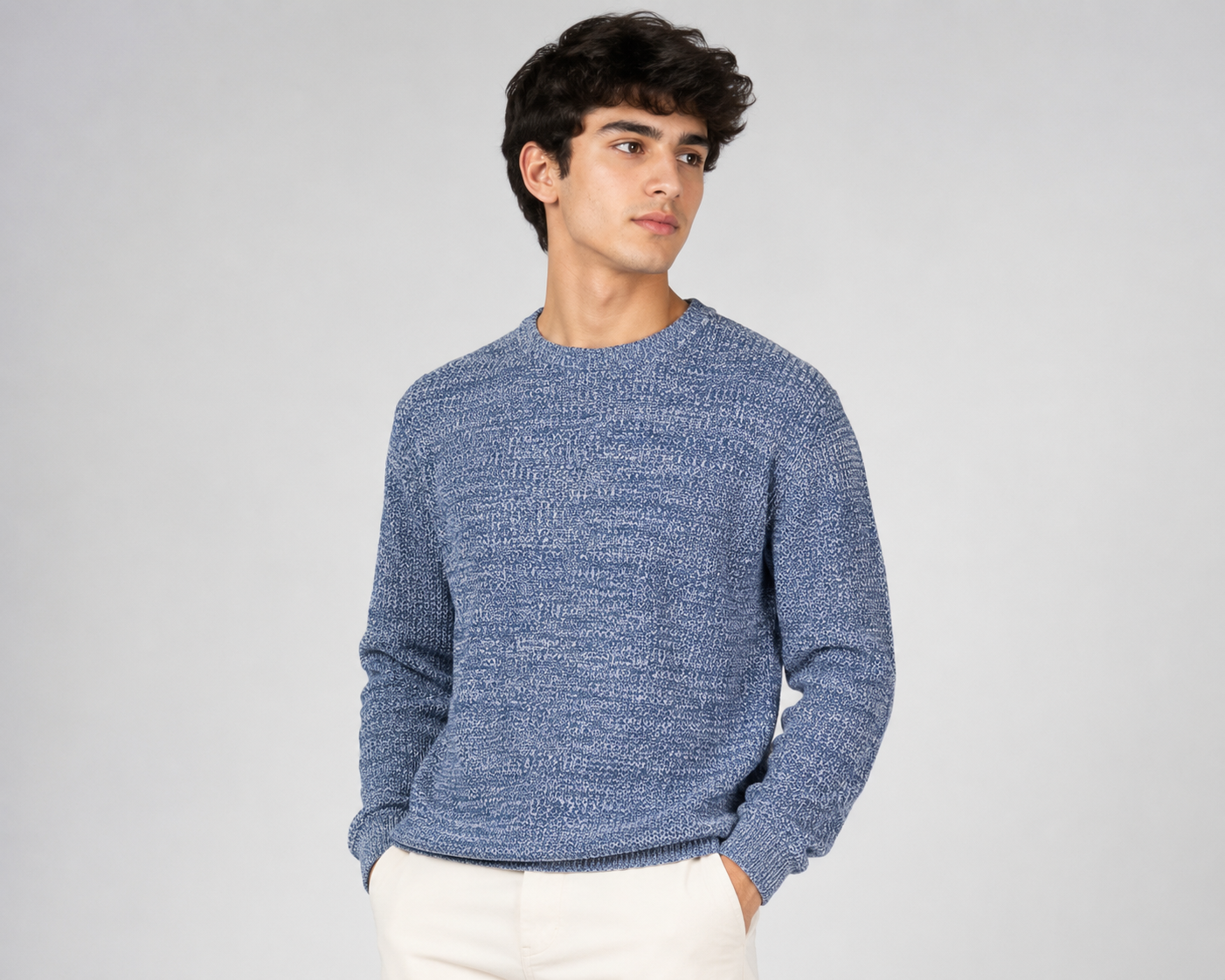  CLASSIC men’s blue and white marled knit crew neck sweater in UK size M. A versatile long-sleeve knitted jumper perfect for casual everyday wear.