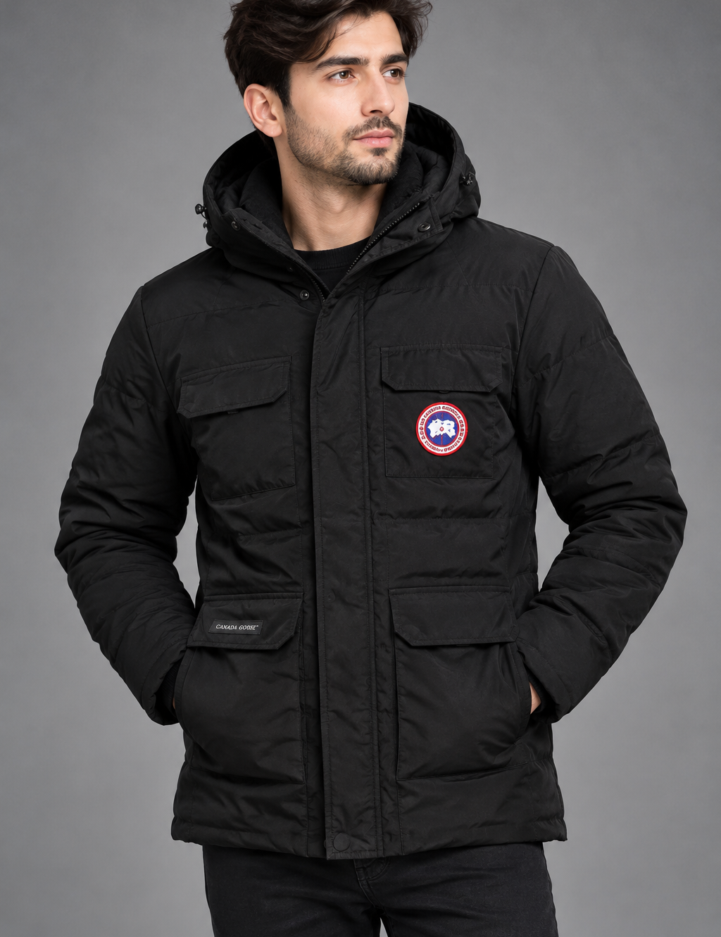 the CLASSIC VOGUE Men’s Black Hooded Padded Winter Jacket in UK Size XL. Stylish, warm and practical design with multiple pockets, hood and full front fastening.
