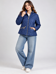 CLASSIC Women's Navy Blue Diamond Quilted Jacket in UK Size L. Stylish zip-up design with stand collar, zipped pockets and flattering fit.